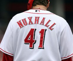 Aaron Harang Wearing Joe Nuxhall's Name and Number in Tribute