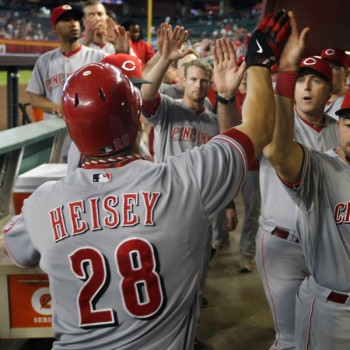 Heisey gets high fives after one of his two home runs. (Photo by Ralph Freso/Getty Images)
