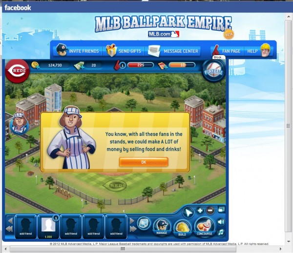 Screenshot of the MLB Ballpark Empire character saying you could cash in by selling concessions