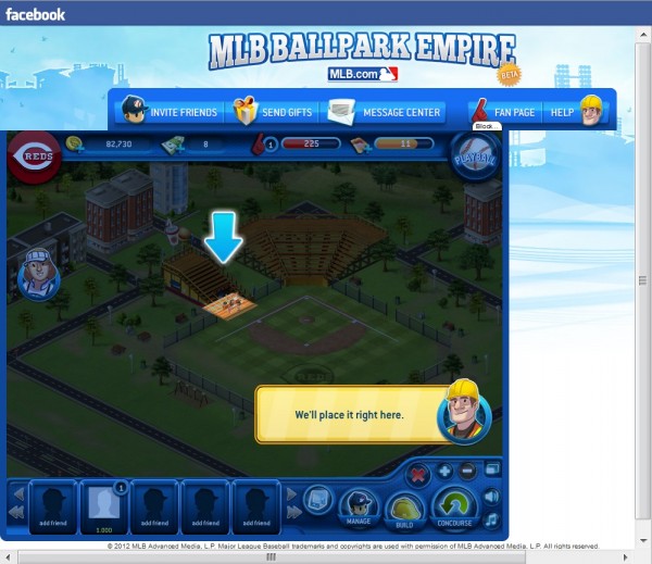 Screenshot of trying to place a hot dog stand in Ballpark Empire