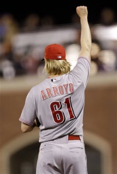 Bronson Arroyo celebrates after pitching a shutout win.