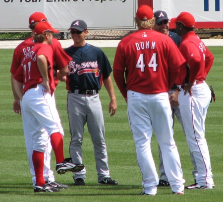 Bruce, Keppinger, Dunn, and Griffey chatting with the enemy