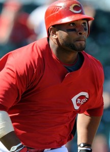 GOODYEAR, AZ - MARCH 11:  Wladimir Balentien #25 of the Cincinnati Reds runs to first base during a Spring Training game against the Milwaukee Brewers on March 11, 2010 at Goodyear Ballpark in Goodyear, Arizona.  (Photo by Lisa Blumenfeld/Getty Images)