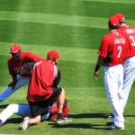 Janish and Bruce stretching before the game. Janish and Bruce stretching before the game.