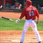 Mesoraco standing with his bat outstretched Mesoraco standing with his bat outstretched