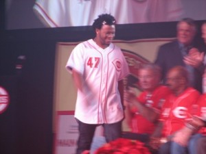 Johnny Cueto being introduced on the main stage