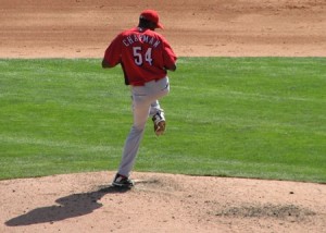 Aroldis Chapman about to throw. Fast