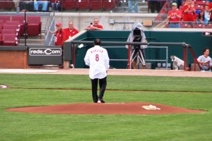 Morgan throwing the ceremonial first pitch for Reds Opening Night
