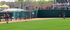 Bailey and Hernandez long-tossing before the game