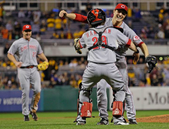 Homer Bailey celebrating after throwing a no-hitter in 2012.