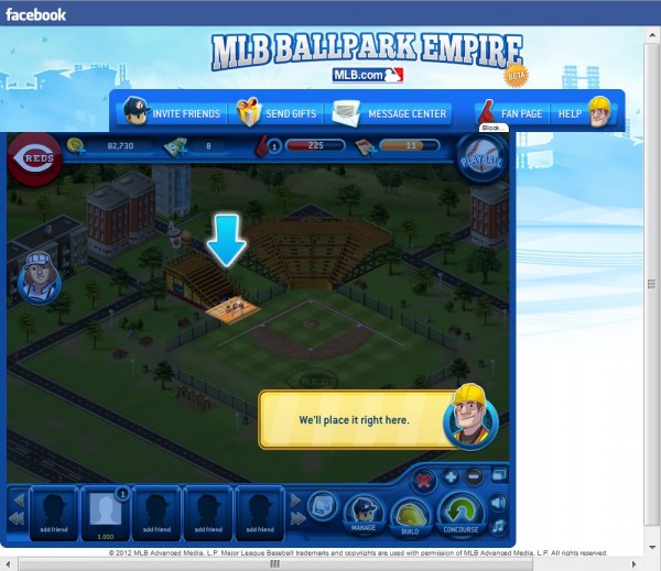 You made me tear down a playground to put in that damn concourse, at least let me put down the hot dog stand! Screenshot of trying to place a hot dog stand in Ballpark Empire
