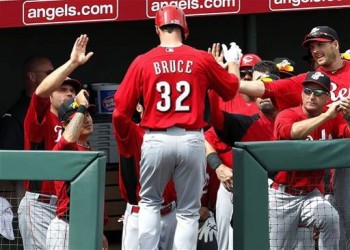 Jay Bruce returns to the dugout after hitting a home run.