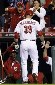 Mesoraco returns to the dugout after tying the game.