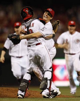 Homer Bailey and Ryan Hanigan celebrate after the recording of the last out of his second no-hitter.