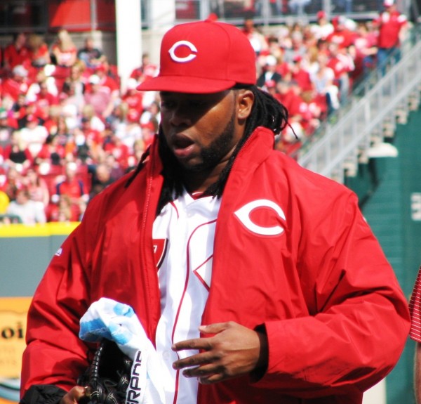 Cueto jogs to the dugout after warming up.