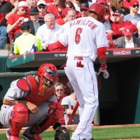 Hamilton steps in for his first at bat.