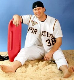 Apparently, Jason Bay goes to the beach in his Pirates uniform