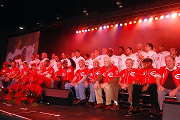 Almost 50 current and former players were together on stage to kickoff Redsfest XI. Credit: The Cincinnati Reds
