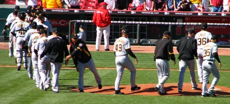 The Pirates high-fiving over a job well done