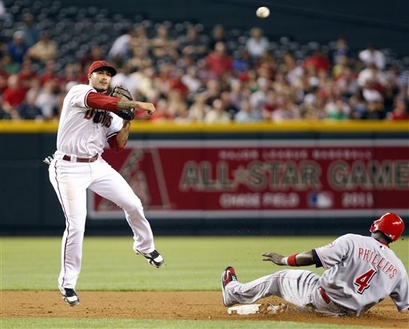 Arizona Diamondbacks second baseman Felipe Lopez, left, turns the double play while avoiding Cincinnati Reds' Brandon Phillips in the fifth inning of a baseball game on Wednesday, May 13, 2009, in Phoenix. (AP Photo/Rick Scuteri)