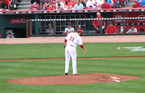 Harang preparing the mound before pitching