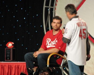 Chris Welsh presenting Votto with the Ernie Lombardi award.